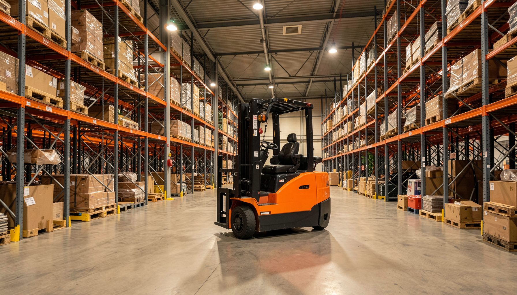 A modern warehouse interior with an orange automated forklift moving between tall shelving racks, industrial lighting casting a warm glow across the concrete floor