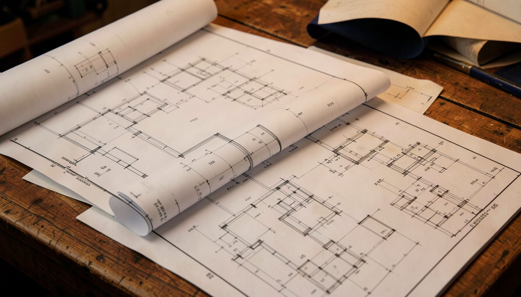 Architectural blueprints and rolled drawings spread across a wooden drafting table, warm amber and deep navy tones