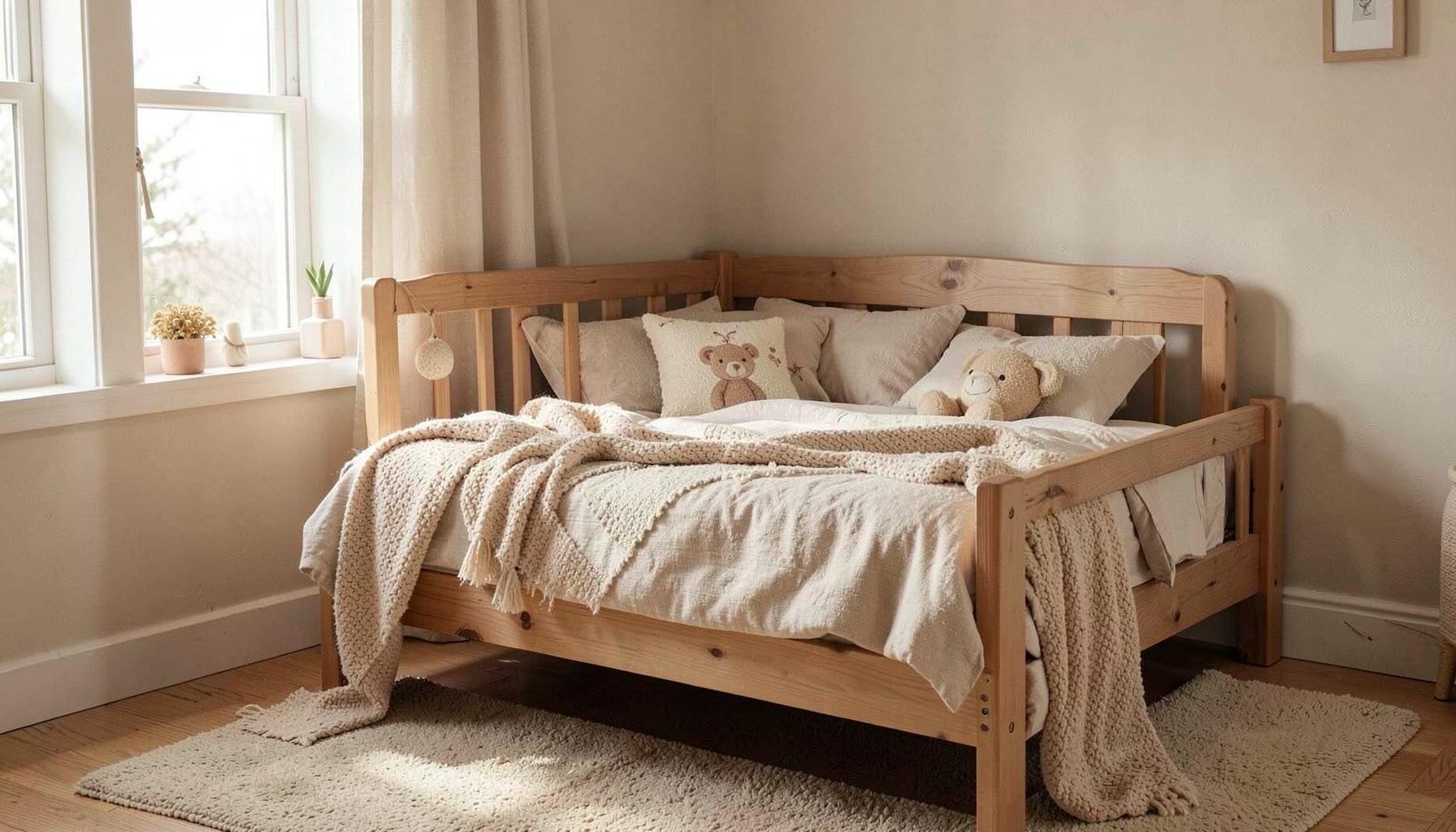 Cozy child's bedroom with a wooden bed frame, soft natural light, and warm neutral tones