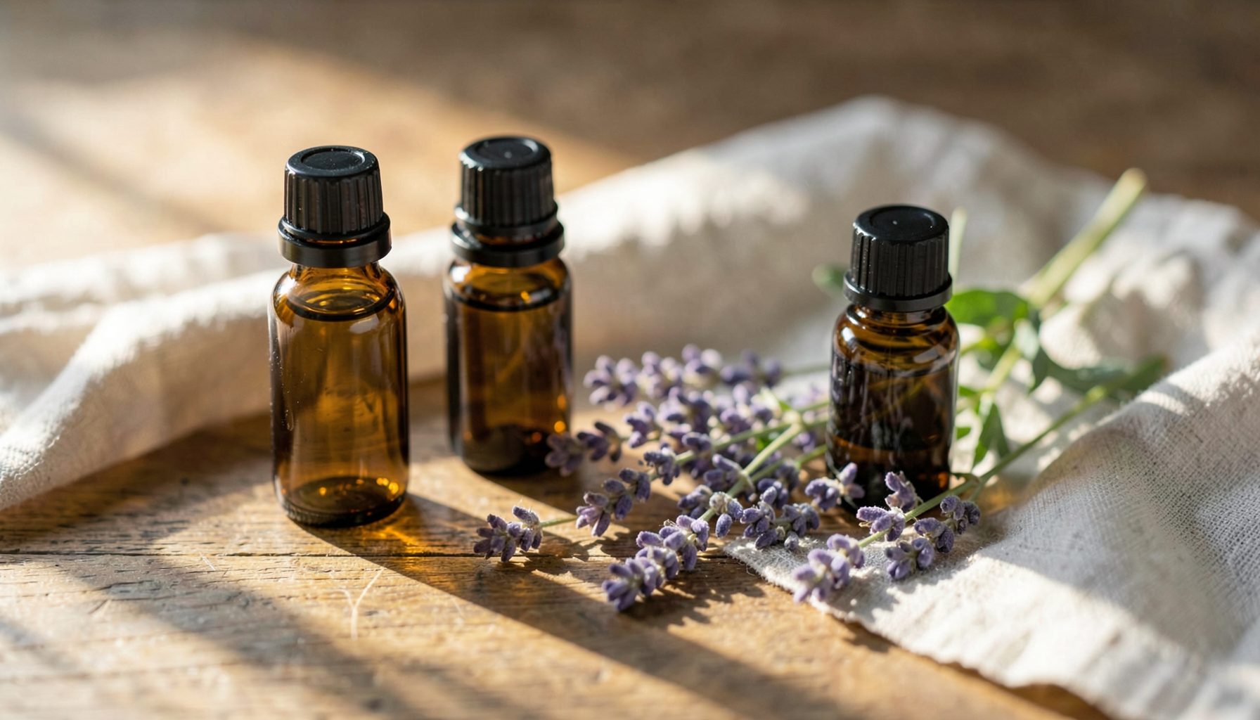 Soft natural light falling across a wooden surface with small amber glass bottles of essential oils, a few fresh lavender sprigs, and a linen cloth, creating a calm and soothing atmosphere